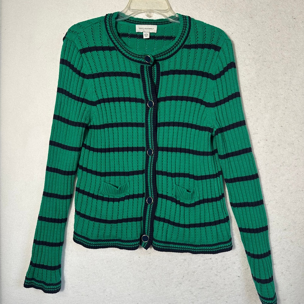 Free Assembly Womens Green Navy Striped Ribbed Cotton Cardigan Sweater Large